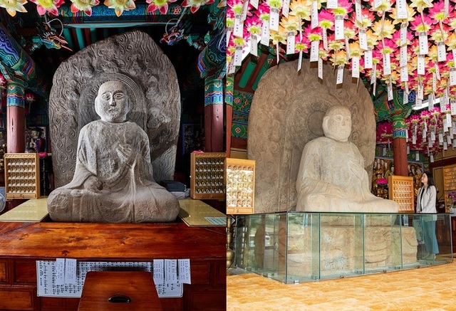 익산 연동리 석조여래좌상의 예전 모습(왼쪽)과 현재 모습. 사진제공= 문화재청.