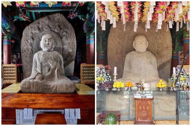 백제시대 최대 석불 익산 연동리 석조여래좌상. 나무불단으로 가려진 모습(왼쪽)과 강화유리로 교체한 뒤 모습.