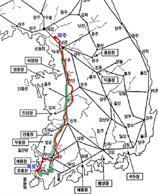국도 1호선과 삼남대로 비교 지도.