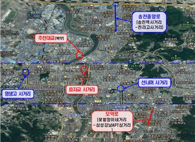 교통사고가 잦아 개선 사업 예정인 전주 6개 사거리 총괄 위치도.