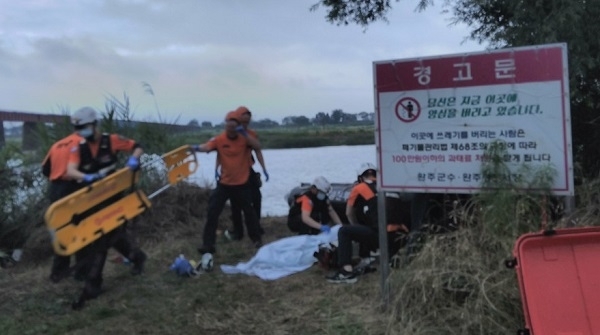 지난달 30일 술을 마신 후 만경강에서 낚시를 하던 40대가 강에 뛰어들었다가 숨졌다. 사진제공=전북소방본부.