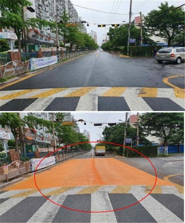 어린이보호구역 교통안전시설 개선 전 모습(사진 위)과 개선 후 모습. 사진 제공= 전북지방경찰청.