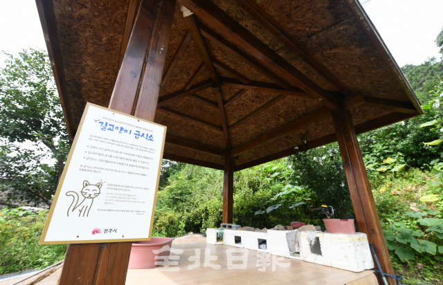 전주시 서서학동에 한 시민이 전주시를 사칭해 길고양이급식소를 만들어 6일 논란이 되고 있다. 더욱이 마을 어르신들이 주로 이용하는 마을정자에 길고양이급식소를 만들면서 이곳을 이용하지 못하게 된 어르신들의 민원이 있었음에도 전주시가 아무런 조치도 취하지 않은 것으로 확인됐다. 오세림 기자