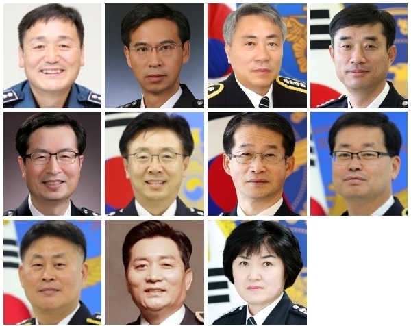 (윗줄 왼쪽부터) 신임 김현익 전북청 홍보담당관·박훈기 정보화장비과장·이동민 보안과장·임종명 112종합상활실장. (가운데 왼쪽부터) 임상준 생활안전과장·김원식 경무과 치안지도관·최홍범 군산서장·김영록 정읍서장 (아래 왼쪽부터) 김상형 김제서장·이재경 부안서장·이인영 임실서장.