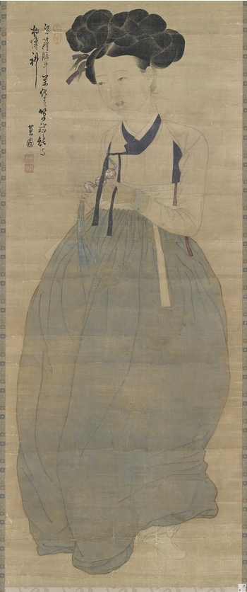 신윤복 필 미인도(보물 제1973호, 114.2×45.7㎝, 조선 18세기 말~19세기 초). 간송미술문화재단 소장.