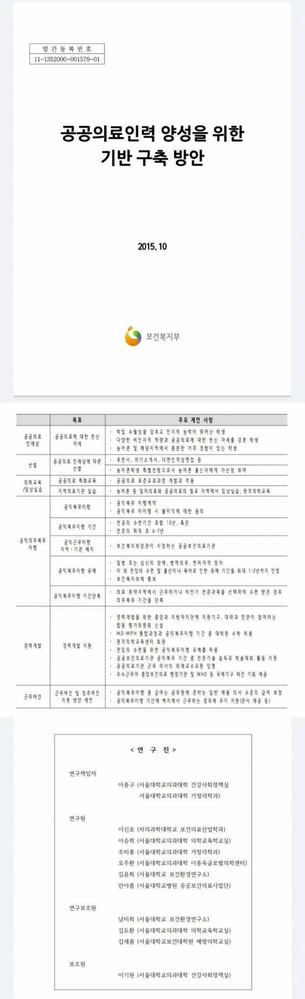 2015년 서울대 산학협력단이 보건복지부의 의뢰를 받아 작성한 공공의료인력 양성을 위한 기반 구축 방안