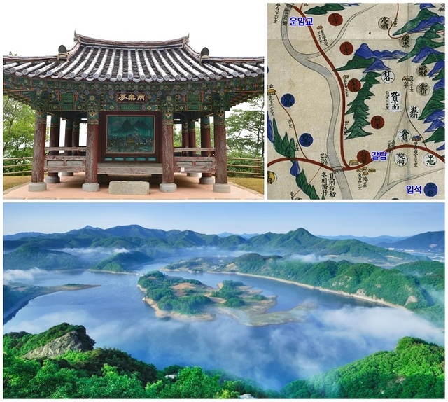 (사진 위 왼쪽부터 시계방향) 양요정과 고지도 1872년 지방지도, 옥정호 전경