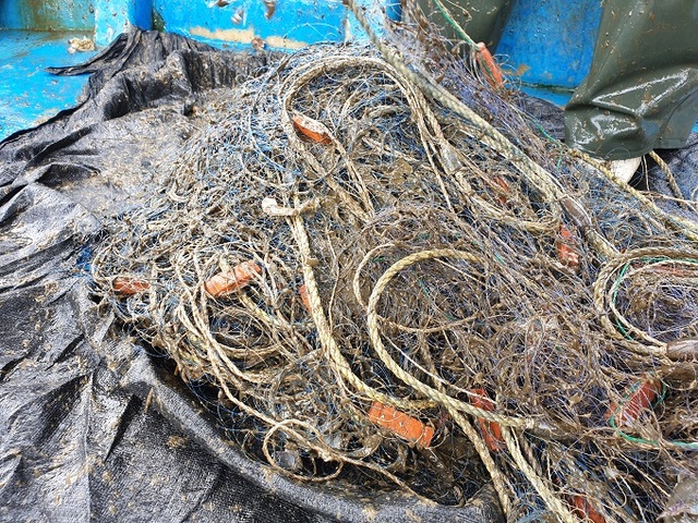 꽃게나 물고기 대신 진흙이 엉긴 채로 끌려 올라온 그물.