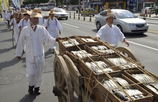 영덕에서 안동까지 300리 산고갯길을 넘어 오는 동해산 고등어는 낙동강 700리길을 거슬러 올라 온 서해산 천일염을 만나 안동간고등어가 된다. 사진은 안동간고등어의 간고등어 탄생배경 재현행사 모습.