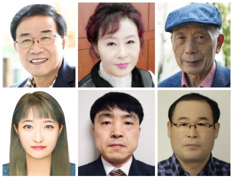 (사진 위 왼쪽부터) 김성수 시인, 김부배 시조시인, 황길신 수필가. (아래 왼쪽부터) 장용희 동화작가, 성해동 시인, 서성훈 시인.