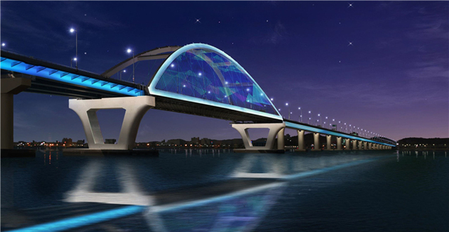 동백대교 경관조명 설치 사업이 국비 확보에 어려움을 겪으면서 주춤거리고 있다.사진은 용역에서 제시된 미디어파사드 연출장면.