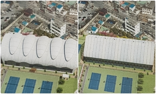 익산 마동 실내테니스장 당초 설계안(좌측)과 변경된 설계안(우측)