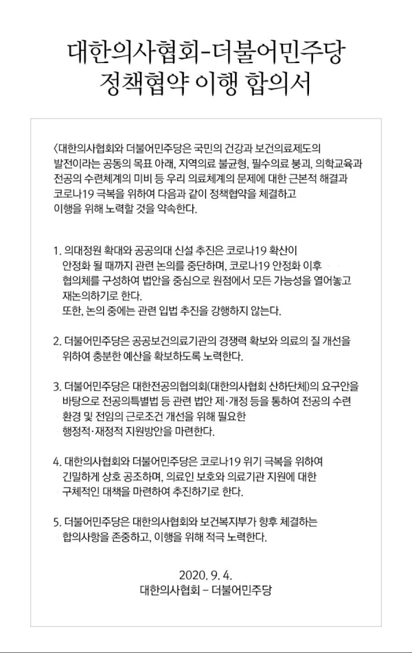 지난 9월 4일에 대한의사협회와 더불어민주당가 체결한 합의문