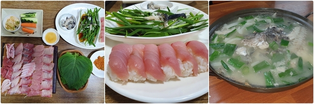 (왼쪽부터) 방어회, 방어초밥, 방어 맑은탕 /사진=제주일보 김두영 기자