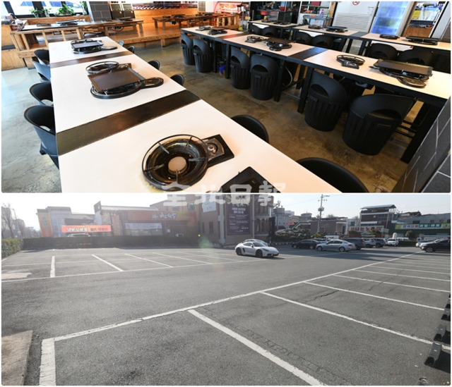 코로나19 확산으로 사회적거리두기 2단계가 시행된 30일 점심시간인 낮12시30분경 전주시 중화산동의 한 식당에 손님이 한명도 없고 유명 중식당 주차장도 텅비어 있다. /오세림.조현욱 기자