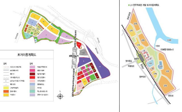 (왼) 산광역시 도시공사의 울산역세권 개발 토지이용계획도 / (오) LH의 전주역세권 개발 토지이용계획도