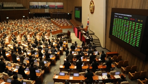 야당의 비토(거부)권을 무력화하는 내용을 담은 ‘고위공직자범죄수사처(공수처)법’ 개정안이 10일 국회 본회의에서 국민의힘 의원들이 손팻말을 들고 기립해 항의하고 있는 가운데 찬성 187명, 반대 99명, 기권 1명으로 가결되고 있다.  /연합뉴스