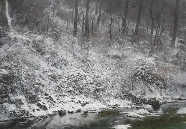 미술가: 김용석 / 명제: 수풀은 바람을 거르지 않는다 / 재료: 캔버스 위에 유채 / 규격: 112.1×162.2cm / 제작년도: 2020