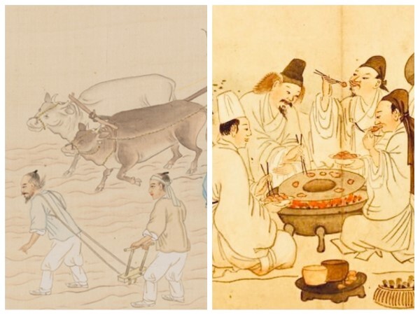 김준근의 풍속화(좌)와 김홍도의 풍속화 부분사진(우)