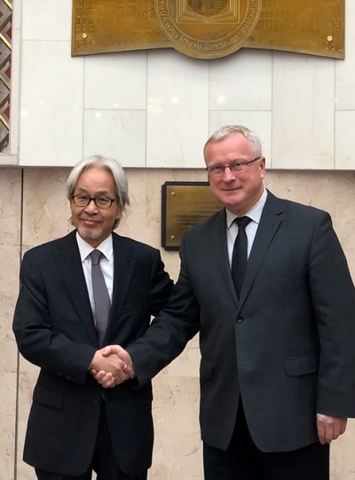 벨라루스 대통령직속 행정아카데미 팔칙총장과 만난 이상욱 태권도진흥재단 이사장(왼쪽). /사진=태권도진흥재단 제공