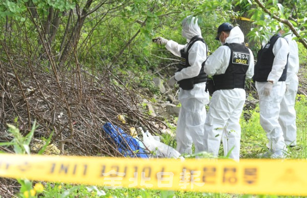 부산에 살던 20대 여성이 지난 5월 12일 완주군의 한 과수원에서 사체로 발견돼 과학수사대가 현장 감식을 하고 있다. /오세림 기자