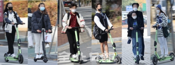 29일 전북대학교는 전동 킥보드 등 개인형 이동장치와 관련해 안전한 환경 조성을 위해 안전모 등 인명보호 장구 착용을 의무화한다고 밝혔다. 사진은 지난달 2일 안전모를 미착용하고 킥보드를 타고 있는 학생들.