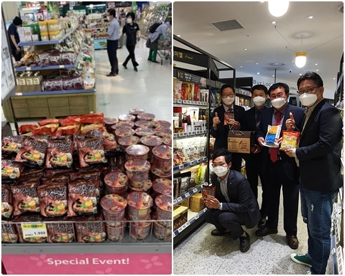 2020년 9월 농협하나로마트 고양점에 입점된 후 판매되고 있는 군산짬뽕라면(왼쪽), 군산짬뽕라면이 지난 10월 롯데백화점에 입점된 기념사진을 찍고 있는 고계곤 군산원협 조합장과 직원들(오른쪽) /사진=군산원협