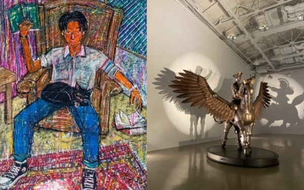 이가립 作 Rest 종이위에 오일파스텔 109x79cm 2020(왼쪽), 김성수 作 Policeman_stalinless steel, copper_300 x 400 x 280cm(h)_2020