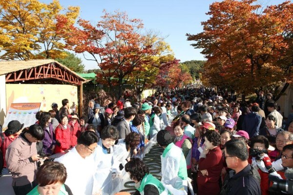 이천의 대표적 문화 축제인 ‘임금님표 이천쌀’ 축제의 백미인 600m 오색무지개 가래떡 뽑기 장면. /이천시 제공