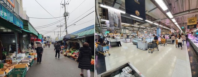 1일 전주 한 전통시장은 설날을 앞두고도 소비자의 발길이 뜸한 모습이다.(왼쪽) / 1일 전주시내 한 대형마트는 설날 특수 없이 한적한 모습이다.(오른쪽)