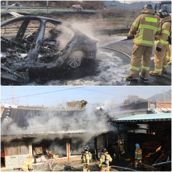 무주군 대전-통영고속도로 차량화재(위)와 남원시 노암동 주택화재(아래).