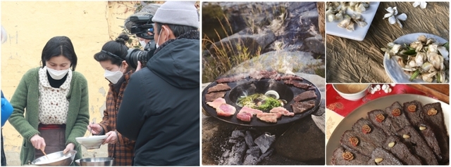 한국인의밥상 촬영 사진과 전립투, 치자젓갈, 조편보법.(왼쪽부터 시계방향으로)