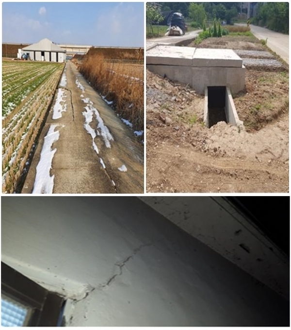 공사차량 통행으로 인한 농로 파손(왼쪽) / 철도수로 연결로 유량이 증가돼 발생한  침수피해(오른쪽) / 철도공사로 주택에 발생한 균열현상(아래)
