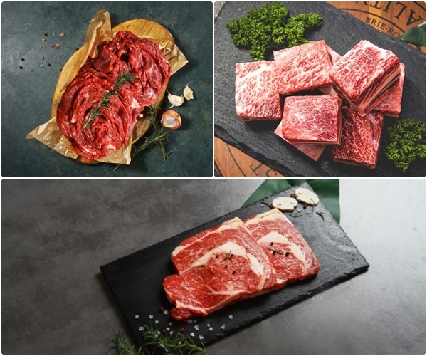 왼쪽부터 시계방향으로 홍성한우 불고기용, 찜갈비용, 등심.