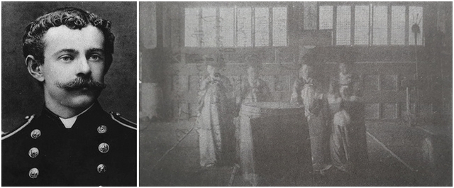 해군 정복 차림의 조지 포크(왼쪽) / 전라감영 선화당에서 춤추는 기생. 1884년 11월 11일 11시-12시경 포크가 촬영한 전주 기생 모습.(오른쪽)