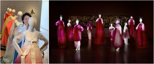 (왼쪽) 김혜순 한복 명장이 전시 작품을 매만지고 있다. / (오른쪽) 남원시립김병종미술관 기획전시 'Dialogue, 상춘곡'