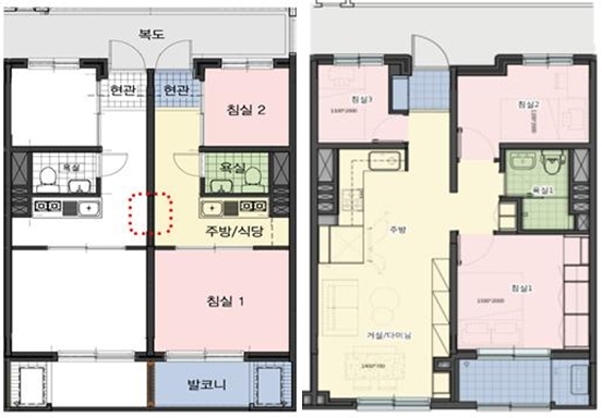 기존(26㎡)형(왼쪽)과 변경(52㎡) 세대통합형.