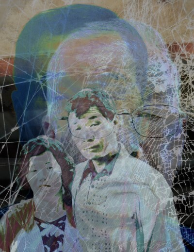 정윤선 '생(生)과 사(死)'. 익산 장점마을 주민들이 제공한 사진으로 완성된 렌티큘러 액자. 암으로 사망한 주민들의 생전 모습과 영정 사진, 남은 가족의 모습, 오염물질 사진 등이 보는 이의 시선에 따라 다양한 이미지로 나타난다.