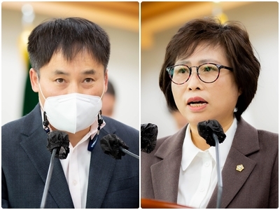 오상민 의원(왼쪽)과 김영자 의원이 5분 발언을 하고 있는 모습.