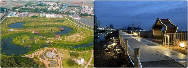 동산동 유천생태습지 전경(왼쪽)과 동산동 대간선수로(은하수로).