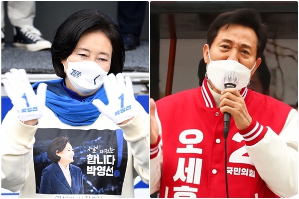 더불어민주당 박영선 서울시장 후보와 국민의힘 오세훈 서울시장 후보가 28일 각각 서초구 고속버스터미널과 강남구 코엑스 동문광장에서 집중 유세를 하고 있다. /사진=연합뉴스