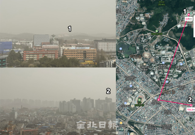 전북일보 사옥에서 바라본 풍경. (1-한국소리문화의전당, 2-금암중앙하이츠, 지도 : 네이버 지도)