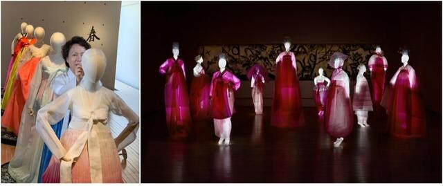 (왼쪽) 김혜순 한복 명장이 전시 작품을 매만지고 있다. / (오른쪽) 남원시립김병종미술관 기획전시 ‘Dialogue, 상춘곡’