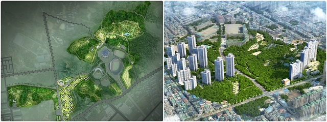 팔봉공원 평면도(왼쪽)와 소라공원 조감도.