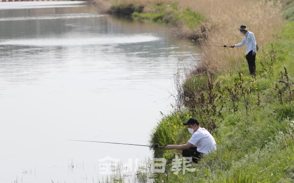 10일 낚시 금지구역인 전주천 일대에서 시민들이 낚시를 하고 있다. /조현욱 기자