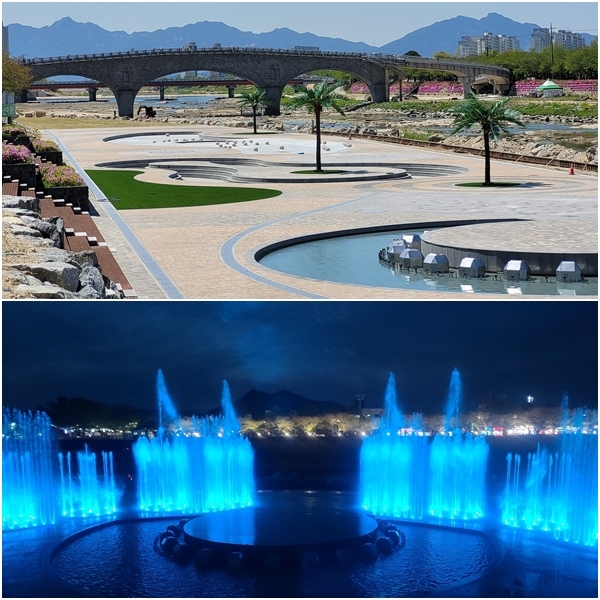 남원시가 국가하천인 요천을 관광자원화 하기 위해 요천 고수부지 물놀이 분수광장 및 물놀이 시설 조성을 끝냈다. /남원=김영호 기자