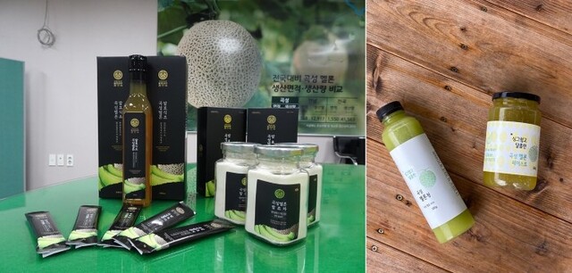 곡성 멜론으로 만든 발효차, 발효식초(왼쪽)와 곡성 멜론 청, 페이스트.