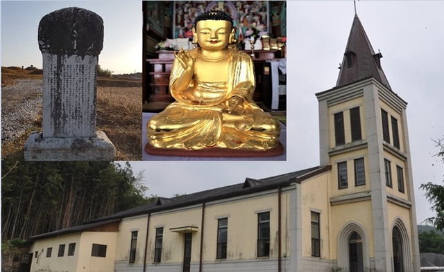 좌측부터 조필달 신도비 원각사 대웅전불상 수류성당.