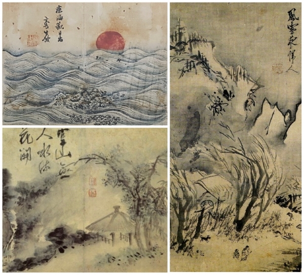 왼쪽 위부터 시계방향으로 일출(국립중앙박물관 소장), 풍설야귀인(개인소장), 공산무인도.