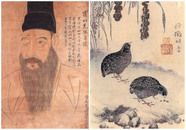 왼쪽부터 최북 초상화(작가미상), 메추라기 그림(간송미술관 소장).